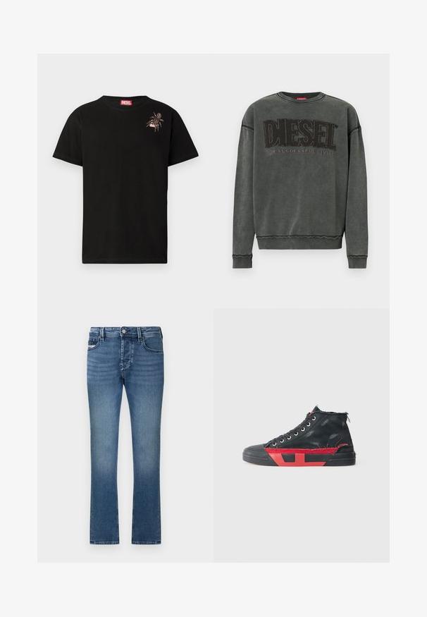 Sweat-shirt à manches longues gris charbon avec des poignets et un ourlet côtelés, affichant un grand texte noir "DIESEL" et "Pour une Vie Réussie" en plus petit en dessous.; T-shirt en coton noir à manches courtes, présentant un motif de spider décoratif sur le côté gauche de la poitrine et une étiquette rouge du logo Diesel au niveau du col.; Jean en denim bleu avec une coupe droite, un design à cinq poches et une finition délavée. Dispose d'une ceinture à passants et d'une fermeture à bouton métallique.; Baskets montantes noires avec des accents rouges et une finition usée. Caractérisées par une tige en toile texturée et une semelle en caoutchouc avec un design découpé.