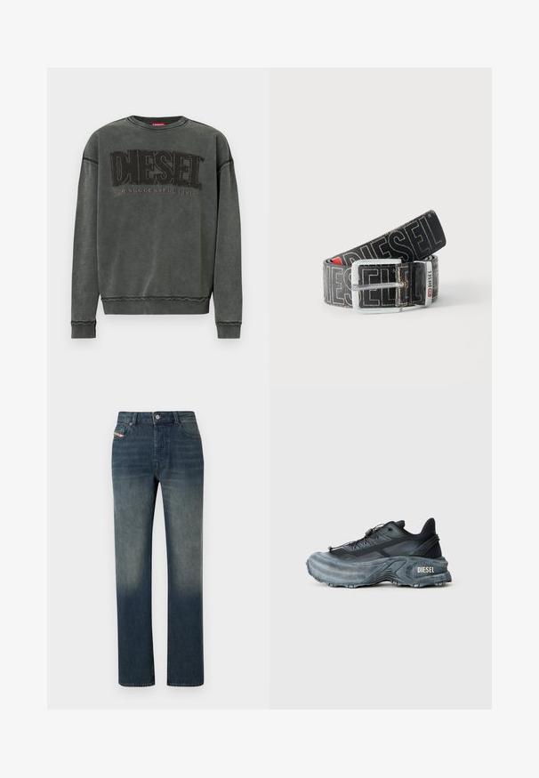 Sudadera de manga larga en gris carbón con puños y dobladillo acanalados, que presenta un gran texto negro "DIESEL" y debajo, en menor tamaño, "For Successful Living".; Vaqueros de mezclilla azul de pierna recta con lavado desvanecido, cierre frontal con botón y cremallera, y diseño de cinco bolsillos.; Zapatilla Diesel en negro y gris con suela gruesa, cierre de cordón y diseño texturizado sobre un fondo liso de color gris claro.; Cinturón negro Diesel con gran texto de logo en blanco, hebilla rectangular plateada y detalle de la anilla metálica con marca, enrollado sobre un fondo claro.