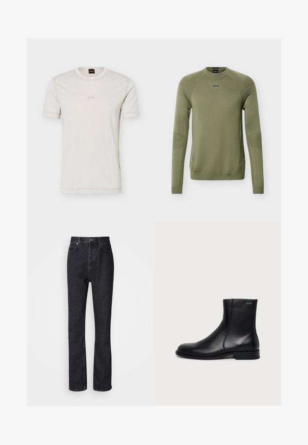 Pull en maille vert olive à manches longues avec col rond, poignets et ourlet côtelés, et logo "BOSS" sur la poitrine.; T-shirt à manches courtes couleur blanc cassé avec col rond et logo "BOSS" discret sur la poitrine, accompagné d'une étiquette noire au col portant l'inscription "BOSS" en orange.; Jean en denim noir taille haute avec fermeture à bouton et à glissière, poches avant et arrière, et coupe droite.; Bottine en cuir noir à talon bas, couture latérale et petit logo "HUGO" sur le revers supérieur sur un fond uni.