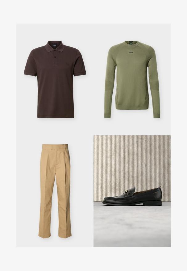 Pull en maille vert olive à manches longues avec col rond, poignets et ourlet côtelés, et logo "BOSS" sur la poitrine.; Polo marron à manches courtes avec col, deux boutons, et petit logo brodé "BOSS" sur la poitrine gauche.; Pantalon beige en coton lisse à taille haute, avec des plis à l'avant et des jambes droites. Aucun équipement visible ni motifs.; Mocassin en cuir noir avec mors en métal doré et logo "HUGO", présenté sur un tapis beige et un meuble translucide marron.
