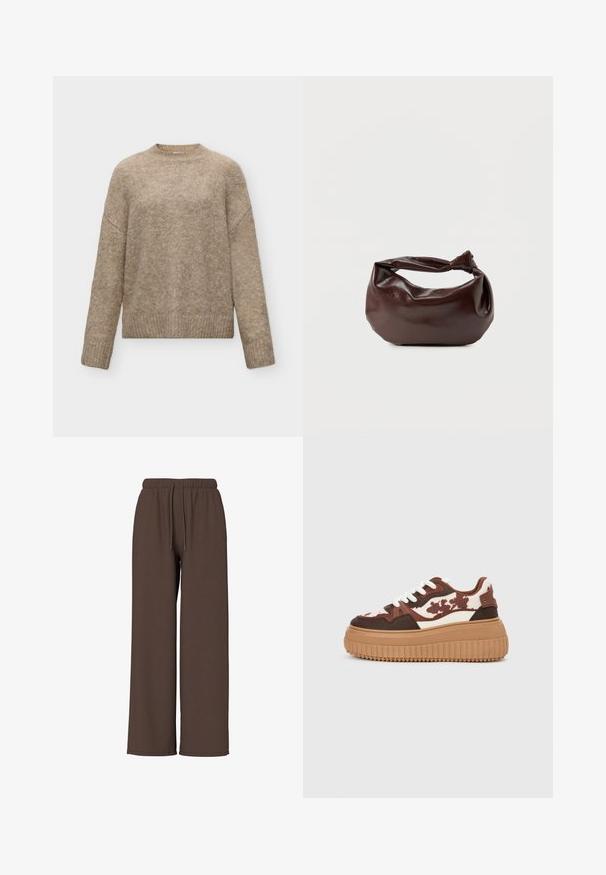 Langærmet beige uldtrøje med ribkantede manchetter, kant og rund hals på hvid baggrund.; Brune bukser med brede ben og elastisk talje med snøre, vist mod en ensfarvet hvid baggrund. Ingen synlige logoer eller mønstre.; Platform sneakers med et brunt og cremefarvet camouflage-mønster, kontrasterende lysebrune såler og hvide snørebånd. Overdelen har blandede materialer og teksturer.; Mørkebrun læder skuldertaske med en blød, afslappet form og et snoet knudehåndtag på en ensartet hvid baggrund.