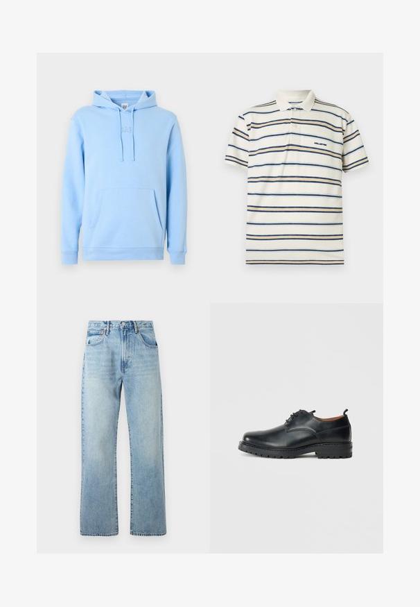 Sweat à capuche bleu clair en tissu doux mélange de coton. Comprend une poche kangourou, une capuche avec cordon de serrage, et un logo brodé subtil sur la poitrine.; Polo en piqué crème avec des rayures horizontales bleues et orange. Il présente un col, une patte de boutonnage à trois boutons et un logo brodé.; Jeans en denim bleu clair avec des jambes larges et droites, design à cinq poches et une taille avec passants de ceinture. Le tissu présente une texture légèrement décolorée.; Chaussures derby en cuir noir avec une texture lisse, bout rond, design à lacets et une semelle en caoutchouc épaisse et robuste.