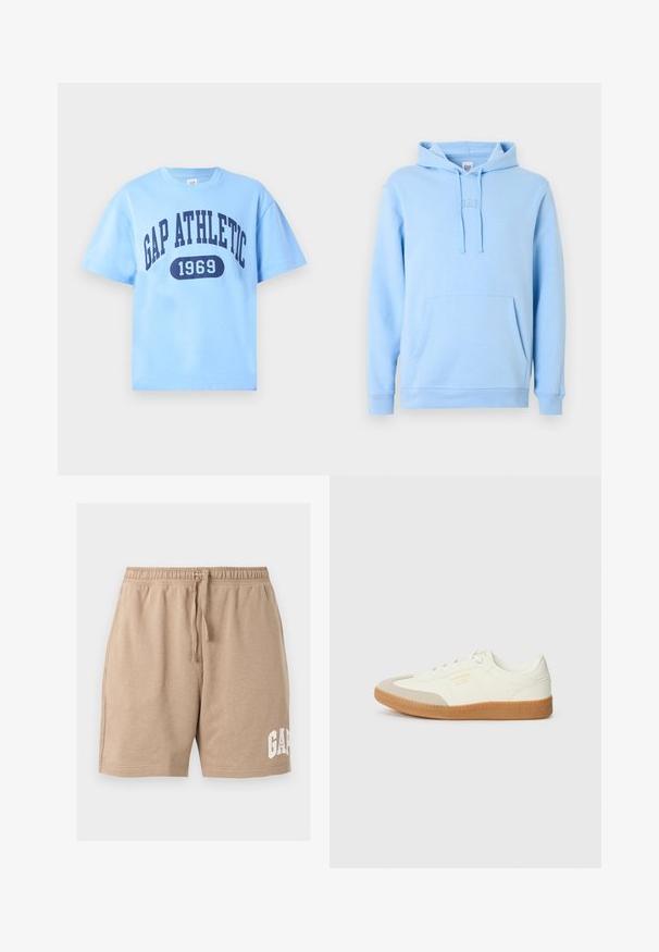 Sweat à capuche bleu clair en tissu doux mélange de coton. Comprend une poche kangourou, une capuche avec cordon de serrage, et un logo brodé subtil sur la poitrine.; T-shirt bleu clair à manches courtes et col rond avec le texte bleu marine "GAP ATHLETIC" et "1969" imprimé à l'avant.; Short beige décontracté avec taille élastique, cordon de serrage réglable, poches latérales et logo « GAP » imprimé en blanc sur la partie inférieure de la jambe gauche.; Baskets en cuir blanc avec une coque beige et une semelle en caoutchouc marron clair. Dotées de lacets blancs plats et d'un logo embossé sur le côté.