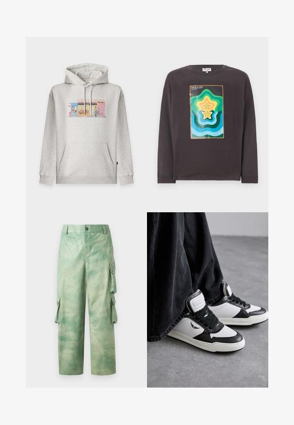 Lichtgrijze hoodie met voorzak en kleurrijke stadswinkelgalerij met een fiets, bloembakken en een persoon die buiten zit.; Donkergrijze lange mouw T-shirt met een kleurrijk geometrisch ontwerp met golven en sterren in groen, blauw, geel en oranje.; Les Benjamins VINTAGE PANT - Leren broek - army green; Zwart-witte hoge sneakers met een gestructureerde zwarte vetersluiting, gemaakt van leer en synthetisch materiaal, met een logo aan de zijkant.