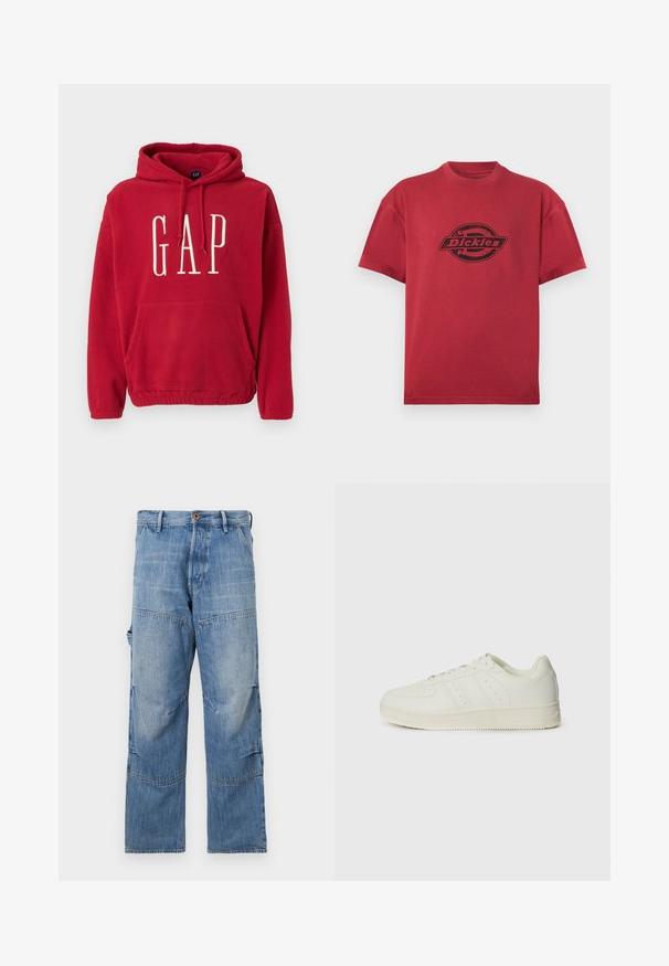 Rød fleece-hættetrøje med kengurulomme, snørelukning i hætten og stort hvidt "GAP"-logo foran. Blød tekstur og afslappet pasform.; Rød kortærmet t-shirt med rund hals og sort "Dickies"-logo trykt i midten foran.; Lyseblå denimbukser med vide ben, slidte områder og patchwork-sømme. Har en frontknap og lynlås lukning med sidelommer.; Hvide sneakers med en glat læderoverflade, snørebånd, perforerede detaljer og tre diagonale striber på siden. Gummisål.