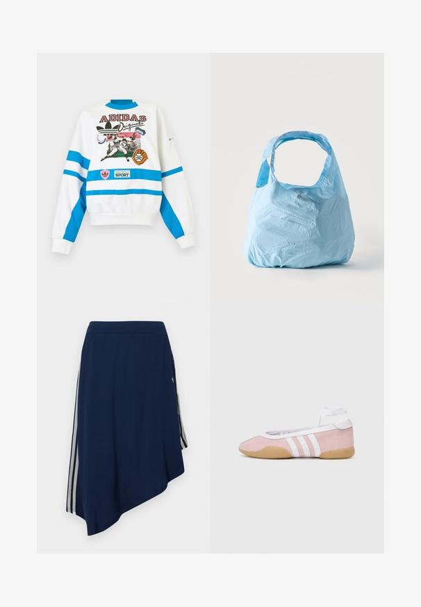 Hvid Adidas sweatshirt med blå striber, vintage baseballspiller grafik, Adidas trefoil logo og sportstema patches på fronten.; Marineblå asymmetrisk nederdel med hvide lodrette striber på siderne og et struktureret stofmønster.; adidas Originals TAEKWONDO MEI BALLET - Sneakers - clear pink/ftwr white/gum; Lyseblå genanvendelig indkøbs taske med brede håndtag, let krøllet stof, stående oprejst på en ensfarvet hvid baggrund.