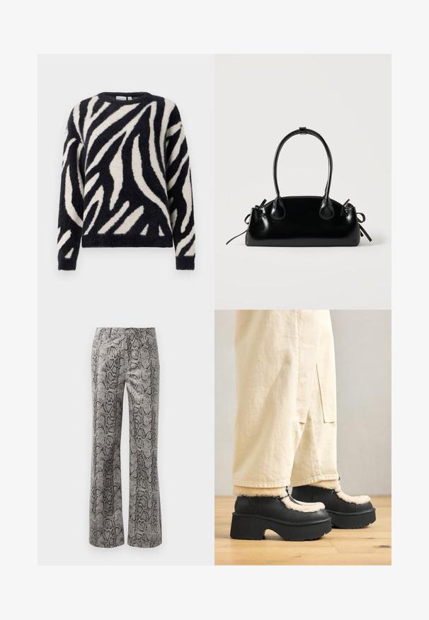 Sort og creme-stribet trøje med en fuzzy tekstur, rund halsudskæring og lange ærmer. Mønsteret ligner zebrastriber på stoffet.; Lige bukser med sort og grå slangeskinds mønster og frontknaplukning på en hvid baggrund.; Sorte platformstøvler med en rund tå, der har en fluffy cremefarvet krave og snøre detaljer, parret med løse beige bukser på et trægulv.; Lille sort blank håndtaske med to lange håndtag og snøre-detaljer i siden på en ensfarvet lys baggrund.