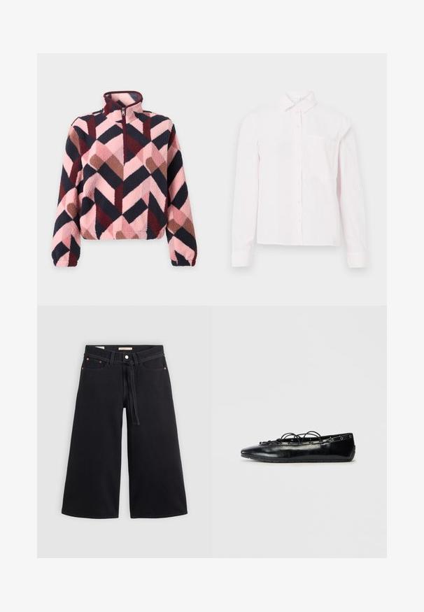 Pehme pullover kõrge kaeluse ja poole lukuga, millel on geomeetriline chevron-muster roosa, burgundi, pruuni ja musta värviga.; Hele roosa pikakäisekandega särg, millel on krae ja üks rinna tasku, esitatud valge tausta peal.; Mustad mustad denim püksid laia jala lõikes, millel on paelaga vöökoht, vööaasad, kuldpruunid detailid ja puhas viimistlus. Kangas on tugev ja tekstuuriga.; Mustad musta lamedega king, millel on eest paelad ja silmadega detailid äärtes, esitatud valge tausta peal.