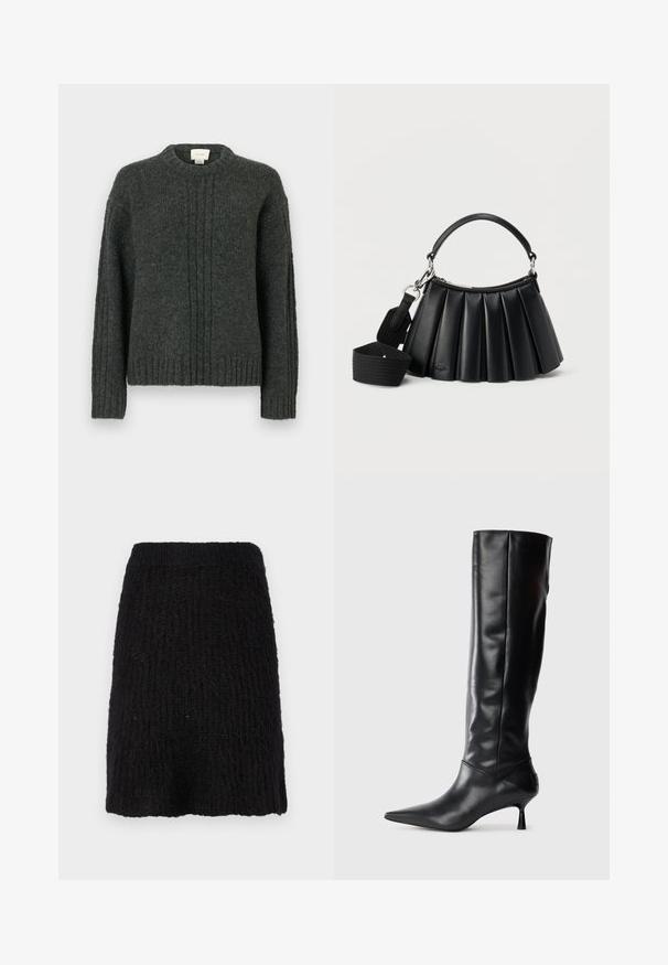 Jersey de punto gris oscuro con cuello redondo, puños y dobladillo acanalados. Presenta líneas texturizadas verticales en la parte delantera y un material suave y cálido.; Falda de punto negra con un patrón texturizado, de longitud media y cinturilla ancha. El material parece suave con una superficie ligeramente peluda.; Bota de cuero negra hasta la rodilla con punta afilada y tacón delgado curvado. Textura suave, diseño ajustado y sin hardware ni patrones visibles.; Bolso negro de cuero plisado con asa corta y correa de hombro ancha de tela desmontable sobre fondo blanco.
