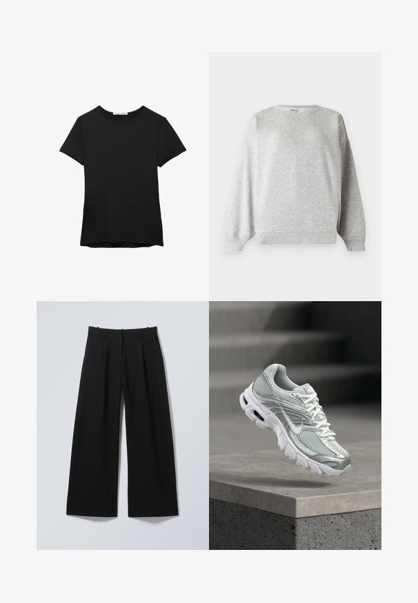 Lysegrå crewneck sweatshirt med lange ærmer, ribstrikkede manchetter og kant, lavet af blødt stof, vist på en hvid baggrund.; Sort kortærmet t-shirt lavet af glat stof. Har en rund halsudskæring og en afslappet pasform med en lige kant.; Sorte viddebukser med bæltestropper, forlommer samt plissé foran, lagt fladt på en lys baggrund.; Lysegrå og hvid Nike løbesko med meshstof og tyk sål, der svæver over en betonkant mod en sløret trappebaggrund.