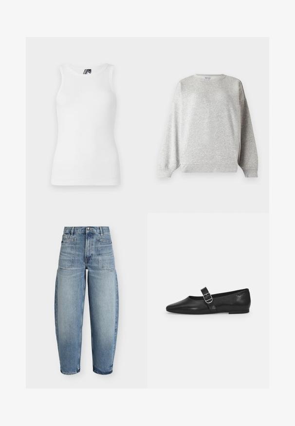 Lysegrå crewneck sweatshirt med lange ærmer, ribstrikkede manchetter og kant, lavet af blødt stof, vist på en hvid baggrund.; Hvid ribbet tanktop med rund halsudskæring og ærmeløst design, lavet af en blød bomuldsblanding med en tætsiddende silhuet.; Lyseblå denimjeans med vide ben, høj talje, forlommer med lapper, knaplukning og falmede vaskedetaljer.; Sorte læder flade sko med rund tå, et enkelt justerbart spænde og en glat, blank overflade. Minimalistisk design med en lav hæl.