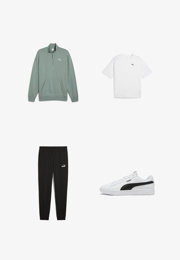 Lys grøn fleece sweatshirt med høj krave, halv lynlås, frontlomme og et hvidt logo på venstre bryst.; Hvid bomulds t-shirt med korte ærmer, rund halsudskæring og et lille sort Puma-logo på venstre bryst. Glat tekstur.; Sorte sweatpants lavet af blødt stof, med en elastisk talje, sidelommer og et hvidt Puma-logo på venstre side.; Hvid Puma lav-top sneaker med sort sidestreg, hvide snørebånd og Puma-logo på sål og side, vist i profil.