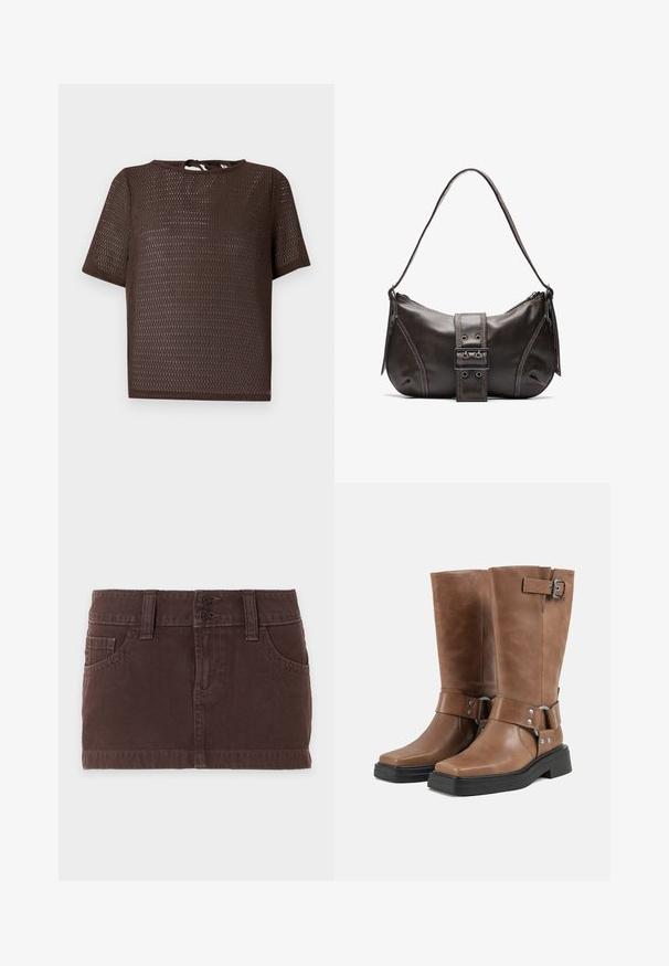 Braunes Mesh-Stricktop mit kurzen Ärmeln, Rundhalsausschnitt und Schlüsselbandverschluss hinten vor hellem Hintergrund.; Brauner Denim-Minirock mit Fronttaschen, Gürtelschlaufen und doppeltem Knopfverschluss vor einem einfarbigen hellen Hintergrund.; Paar braune Lederstiefel bis zur Mitte der Wade mit schwarzen klobigen Sohlen, seitlichen Riemen mit Metallschnallen und Nieten sowie eckigen Zehen.; Braune Lederumhängetasche mit gebogener Form, die mit einem auffälligen Schnallendetail, kontrastierenden Nähten und einem einzigen Schulterriemen ausgestattet ist.
