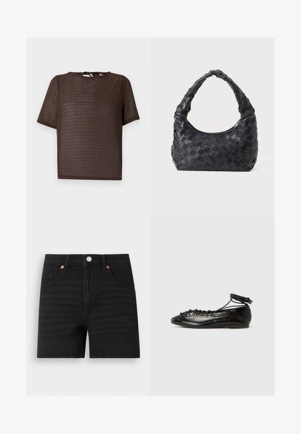 Brun kortærmet mesh strik top med rund halsudskæring og nøglehul bindelukning bagpå mod en lys baggrund.; Sorte denimshorts med knaplukning foran, bæltestropper, to forlommer og en lille møntlomme, vist fladt på hvid baggrund.; Sorte balletflade sko i laklæder med rundet tå, snørelukning og flad sål. Glat tekstur med få detaljer.; Sort læder vævet skuldertaske med et afrundet håndtag og en halvmåneformet krop på en ensfarvet baggrund.