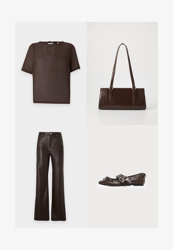 Bruine korte mouwen mesh gebreide top met ronde halslijn en keyhole striksluiting aan de achterkant tegen een lichte achtergrond.; Vero Moda Wide-leg VMTESSA High rise - Broek - chocolate torte; Donkerbruine leren platte schoen met puntige neus, dubbele zilveren gespsluitingen, metalen klinknagels en een decoratief strikje aan de voorkant.; Bruine lakleren handtas met een rechthoekige vorm, twee lange handvatten en subtiele gebogen accenten aan de voorkant.