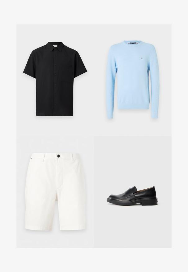 Pull en maille texturée bleu clair à manches longues et col rond, avec un petit logo brodé sur la poitrine gauche et des bords côtelés aux poignets et à l'ourlet.; Chemise noire à manches courtes avec col et une seule poche poitrine, affichée sur un fond clair uni.; Shorts blancs mi-cuisse avec passants de ceinture, fermeture à boutons sur le devant et poches latérales sur un fond uni.; Chaussure habillée noire en cuir, à enfiler, avec un petit talon et un logo Calvin Klein discret sur le côté, présentée de profil sur un fond blanc.