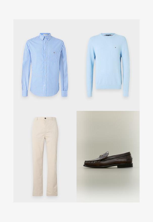 Suéter de manga larga de cuello redondo en azul claro con textura, con pequeño logo bordado en el lado izquierdo del pecho y puños y dobladillo acanalados.; Camisa de cuadros azul y blanca, de botones, con mangas largas, cuello y un bolsillo en el pecho. La tela parece suave y ligera.; Pantalones de algodón beige claro con un diseño de pierna recta, que cuentan con un cierre frontal de botón, cremallera y detalles de costura mínimos.; Mocasín de cuero marrón oscuro con tacón bajo negro, costuras de mocasín y una correa decorativa en la parte superior.