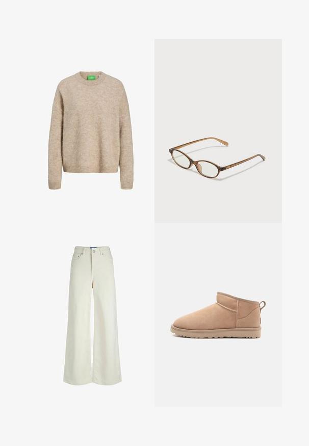 Beige gebreide trui met een ronde hals, geribbelde manchetten en zoom. Zachte textuur met een losse pasvorm. Groene label zichtbaar bij de hals.; Witte jeans met wijde pijpen, knoop- en ritssluiting aan de voorkant, ceintuurlussen en voor- en achterzakken.; Tan suède enkellaars met een afgeronde neus, zachte textuur, eenvoudig ontwerp en een laag profiel rubberen zool. Voorzien van een trekhaak aan de achterkant.; Bruine schildpadbril met ovale lenzen, dunne armen en transparante accenten. Heeft een subtiele logo op de tempel. Strak, lichtgewicht ontwerp.
