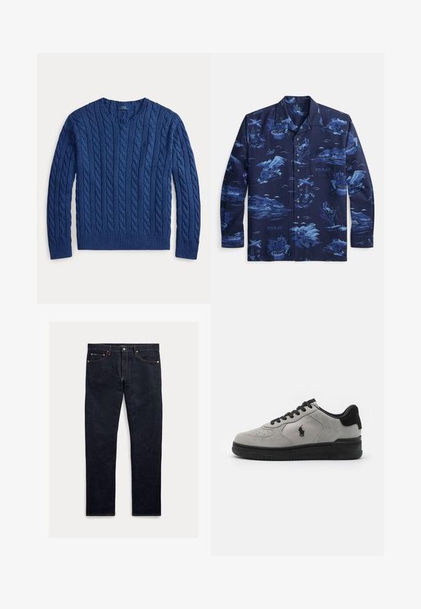 Jersey de punto de cable azul marino con cuello redondo, de manga larga y puños y dobladillo acanalados, etiquetado como Polo Ralph Lauren.; Camisa azul marino con botones y estampados azules de osos realizando diversas actividades: esquiar, bucear, conducir, jugar a la ruleta y pilotar aviones.; Jeans de mezclilla oscura con corte recto, cinco bolsillos, costuras naranjas y cierre de botones. La tela tiene una textura suave.; Zapatillas de ante gris con detalles en negro, que cuentan con un panel lateral de tejido texturizado, puntera redonda y suela de goma negra. Logotipo bordado en el lateral.