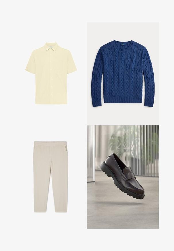 Pull à col rond en tricot torsadé bleu marine avec de longues manches et des poignets et ourlet côtelés, étiqueté Polo Ralph Lauren.; Chemise à manches courtes en tissu texturé jaune clair. Elle présente un col boutonné, une poche frontale et une patte de boutonnage sur le devant.; Pantalons beiges à côtes avec une taille élastique et des poches latérales. Le tissu a une surface texturée, conçu pour le confort et la facilité de port.; Chaussure à enfiler en cuir marron avec un bout rond et une semelle en caoutchouc noire robuste. Présente une bride décorative traversant le coup de pied.