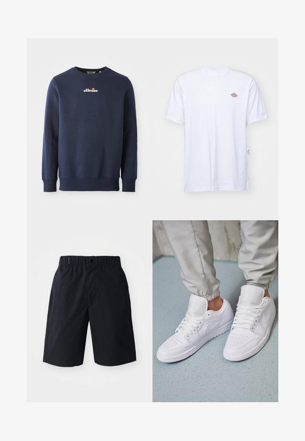 Navyblauwe sweatshirt gemaakt van een zachte stof, met een ronde hals en geribbelde manchetten. Geborduurd "ellesse" logo met gekleurde accenten.; Witte katoenen t-shirt met een v-hals en korte mouwen. Kenmerkt zich door een klein kleurrijk geborduurd logo op de linkerkant van de borst. Zachte textuur.; Zwarte shorts van lichtgewicht stof, met een rechte voorkant, een elastische tailleband en zijzakken. Eenvoudig ontwerp zonder patronen.; Witte leren sneakers met een geperforeerde neus, platte veters, een gepolsterde kraag en het Jordan-logo op de tong. Gediend met grijze joggers.