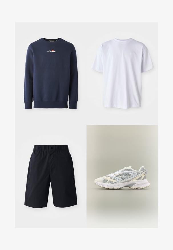 Marineblå sweatshirt lavet af et blødt stof, med rund hals og ribbede manchetter. Brolagt "ellesse"-logo med farvede akcenter.; Hvid bomulds T-shirt med rund hals og korte ærmer. Har et diskret logo broderet i matchende farve på venstre bryst.; Sorte shorts lavet af letvægtsstof, med flad front, elastisk talje og sidelommer. Enkel design uden mønstre.; Hvid atletiksko med grå mesh-paneler, teksturerede overlejringer, en polstret krave og en gummisål med små grebspidser.