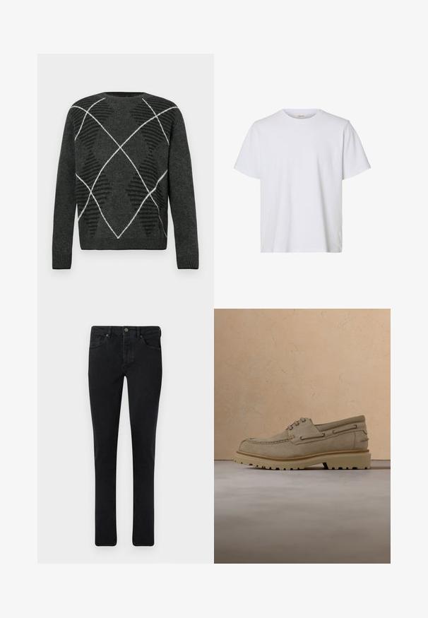 Dunkelgrauer Pullover mit einem strukturierten Argyle-Muster in Schwarz und Weiß. Verfügt über einen runden Ausschnitt und gerippte Bündchen. Weicher Stoff, lange Ärmel.; Schlichtes weißes T-Shirt mit kurzen Ärmeln, Rundhalsausschnitt, regulärer Passform und glatter Stoffstruktur, auf weißem Hintergrund dargestellt.; Dunkelblaue Jeans im Slim-Fit-Schnitt, mit Fünf-Taschen-Design und metallischem Knopfverschluss. Glatte Textur und gleichmäßige Farbe.; Beiger Wildleder-Casual-Schnürschuh mit dicker, profilierter Sohle, schwebend über passender beiger strukturierter Oberfläche und Hintergrund dargestellt.