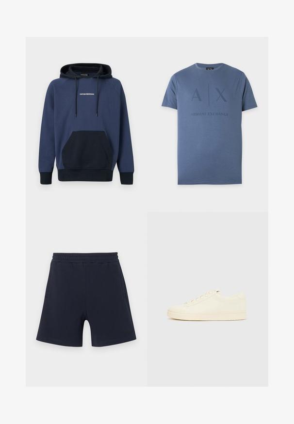 Sweat à capuche marine Emporio Armani avec doublure de capuche noire, poche kangourou à l'avant et capuche réglable avec cordon.; T-shirt bleu à manches courtes et col rond avec A|X et Armani Exchange imprimés en bleu foncé sur le devant.; Shorts décontractés bleu marine avec taille élastique et poches latérales, ornés d'un logo discret sur la partie inférieure de la jambe gauche.; Baskets couleur crème avec une tige en cuir lisse, bout arrondi, laçage à l'avant et semelle en caoutchouc texturée. Design minimaliste, sans logo.