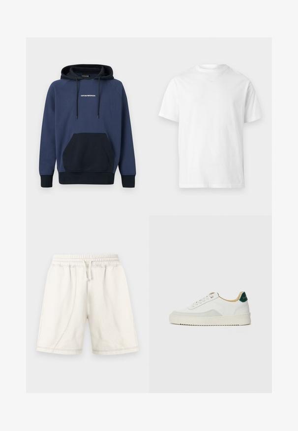 Sweat à capuche marine Emporio Armani avec doublure de capuche noire, poche kangourou à l'avant et capuche réglable avec cordon.; T-shirt blanc uni à manches courtes avec un col rond, au design simple et épuré, sans logos ni motifs visibles.; Shorts décontractés écrus avec taille élastique, cordon de serrage et détails de coutures visibles, conçus pour le confort et le port quotidien.; Baskets blanches avec des accents en daim, bout arrondi, lacets plats et semelle en caoutchouc crème. Présente une marque verte sur le talon.