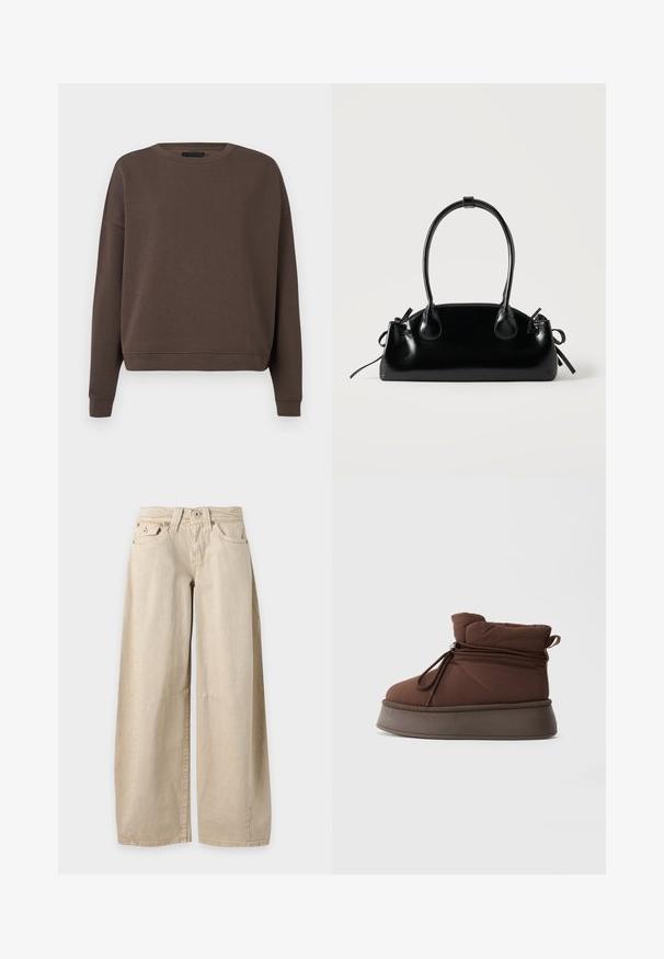 Brauner Pullover mit Rundhalsausschnitt, langen Ärmeln und ribbed Bündchen. Aus weichem Stoff mit glatter Textur und lockerer Passform gefertigt.; Beige Jeans mit weitem Bein, fünf Taschen und sichtbaren Nähten an den Knien, flach auf einem schlichten hellgrauen Hintergrund präsentiert.; Braune gepolsterte Winterstiefel mit dicker Sohle und Schnürverschluss mit Zugband vor einem schlichten hellen Hintergrund.; Kleine schwarze glänzende Handtasche mit zwei langen Griffen und seitlichen Kordelzug-Details vor einfachem hellem Hintergrund.