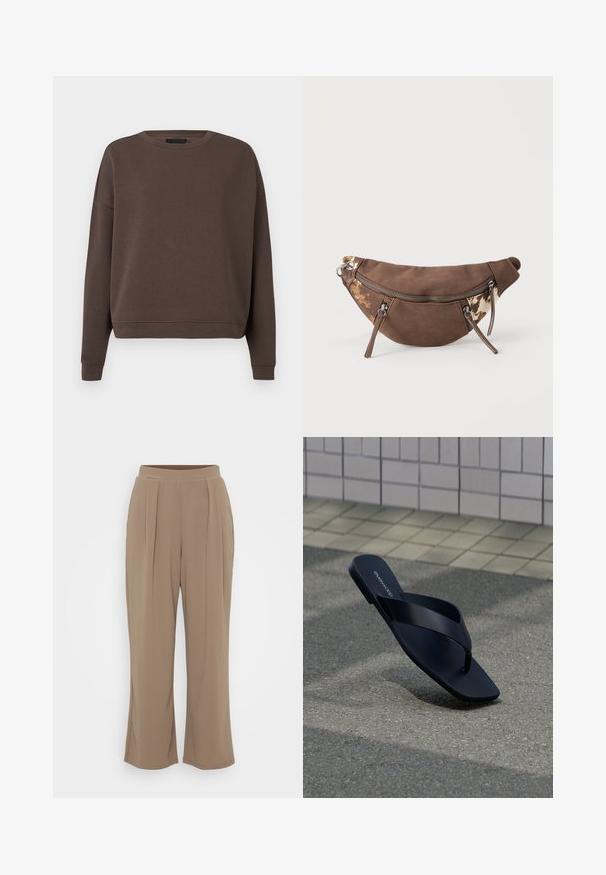 Brun sweatshirt med rund halsudskæring, lange ærmer og ribbede manchetter. Fremstillet af blødt stof med en glat tekstur og en afslappet pasform.; Brune, vide bukser lavet af blødt stof med frontfolder og elastisk talje for komfort. Rent, minimalistisk design.; Sort tanga-sandal med firkantet tå og mærkenavn på fodseng, placeret opret på tekstureret fortov nær flisebeklædt væg.; Brun ruskind og canvas bæltetaske med dyreprintdetaljer, tre lynlåslommer og justerbar rem på ensfarvet baggrund.