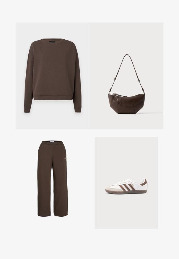 Brauner Pullover mit Rundhalsausschnitt, langen Ärmeln und ribbed Bündchen. Aus weichem Stoff mit glatter Textur und lockerer Passform gefertigt.; Braune Sweatpants mit weitem Bein, elastischem Bund und kleinem weißem Textlogo am oberen Oberschenkel vor weißem Hintergrund.; Weißer Adidas Samba Sneaker mit braunen Veloursstreifen, brauner Velourspitze und Gummisohle auf hellgrauem Hintergrund.; Braune Leder-Schultertasche mit gewölbtem Boden und verstellbarem Riemen vor einfarbig hellem Hintergrund.