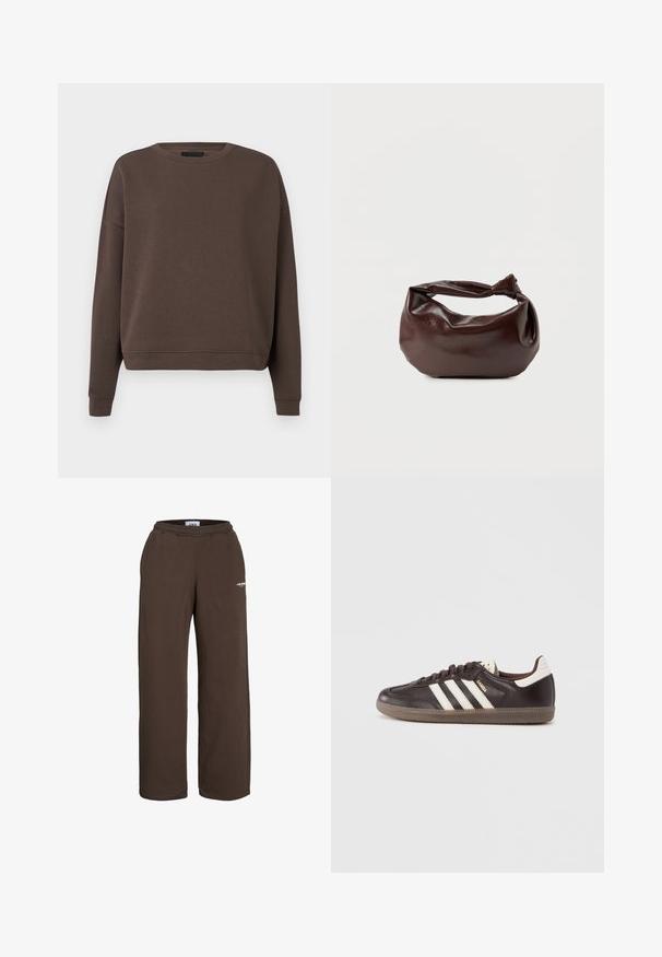 Brun sweatshirt med rund halsudskæring, lange ærmer og ribbede manchetter. Fremstillet af blødt stof med en glat tekstur og en afslappet pasform.; Brune vidde-buksede joggingbukser med elastisk talje og lille hvid tekstlogo på den øverste lår mod en hvid baggrund.; Mørkebrune lædersneakers med hvidt tre-stribet design, en gummisål og "Samba" i gyldne bogstaver på siden. Klassisk lavtopform.; Mørkebrun læder skuldertaske med en blød, afslappet form og et snoet knudehåndtag på en ensartet hvid baggrund.