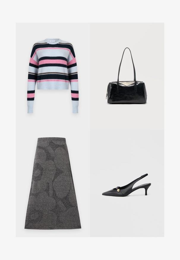 Lichtblauw cropped truitje met horizontale strepen in marineblauw, roze en bruin. Zachte textuur met geribbelde manchetten en halslijn.; Grijze jurk tot op de knie met een textuur en glinsterende afwerking. Heeft een subtiel donker patroon. A-lijn ontwerp met een aansluitende tailleband.; Zwarte leren slingbackschoenen met een spits toelopende neus, een gebogen hak en een gouden sierknop aan de zijkant. Gladde textuur en minimalistisch design.; Zwarte rechthoekige handtas met twee lange riemen en een zilveren driehoekig metalen logoplaatje bovenaan in het midden.