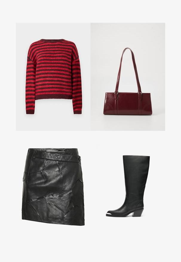 Pull à rayures rouge et rouge foncé, col rond, manches longues, texture douce, ourlet côtelé, design court.; Jupe en cuir noir à texture froissée, avec une taille haute, fermeture à boutons sur le côté et un ourlet asymétrique.; Bottes noires en cuir hautes avec une pointe fermée et un design découpé. Elles présentent un talon épais et une texture lisse. Les détails sur les panneaux latéraux sont remarquables.; Sac à main bordeaux en matériau brillant, de forme rectangulaire, avec deux anses et des accents légèrement courbés à l'avant.