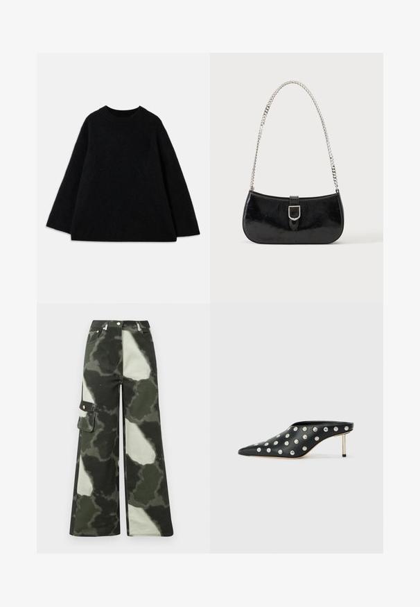 Suéter de lana negro de mangas largas con cuello redondo y corte relajado, mostrado sobre un fondo blanco liso.; Pantalones cargo de pierna ancha en un patrón de camuflaje gris claro y verde oscuro. Presentan un bolsillo lateral y un botón de metal, fabricados en un material de algodón duradero.; STAND STUDIO KELSEY - Mules de tacón - black; Bolso de hombro de charol negro con detalle de hebilla plateada y correa de cadena plateada, presentado sobre un fondo liso y claro.