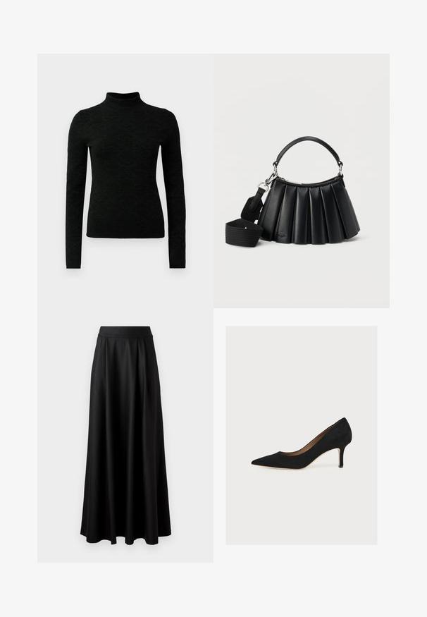 Mustas turtleneck-sviiter pikkae varrukaga, millel on tekstuurne muster ja liibuv disain. Valmistatud pehmest ja venivast materjalist.; Mustmust pikk, must seelik, millel on sile tekstuur, lai vöökoht ja volditud disain, ilma nähtavate mustrite või kaunistusteta.; Mustast seemis jalanõu eesosaga keskmise kõrgusega konts ja beež siseplantaar heledal taustal.; Mustast volditud nahast käekott lühikese sangaga ja eemaldatava laia kangast õlarihmaga valgel taustal.