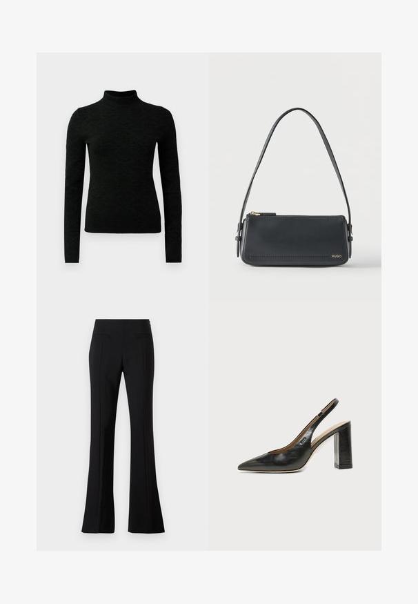 Suéter negro de cuello alto con mangas largas, que presenta un patrón texturizado y un diseño ajustado. Hecho de un material suave y elástico.; Pantalones acampanados negros hechos de una tela suave con una cintura alta, que cuentan con dos bolsillos traseros y una línea en el frente de cada pierna.; Zapato slingback de piel negra con puntera puntiaguda, tacón alto y ancho, y forro interior beige sobre un fondo claro y liso.; Bolso de hombro rectangular de cuero negro con cremallera dorada y pequeño logo dorado "HUGO" en el frente, con una correa ajustable con hebilla.