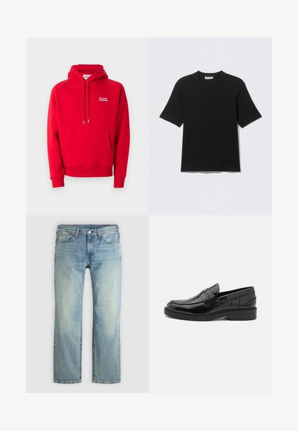 Sweat à capuche rouge avec poche avant kangourou, cordon de serrage à la capuche, et petit texte blanc « the new originals » sur le côté gauche de la poitrine.; T-shirt noir à manches courtes avec col rond, portant une étiquette "WEEKDAY" à l'intérieur du col, présenté à plat sur un fond clair.; Jean denim bleu clair avec une coupe droite. Comprend cinq poches, un bouton en métal et des surpiqûres orange. Finition délavée.; Mocassins en cuir noir avec une finition lisse, un bout rond, un petit talon et descoutures décoratives à l'avant. Semelle en caoutchouc pour l'adhérence.
