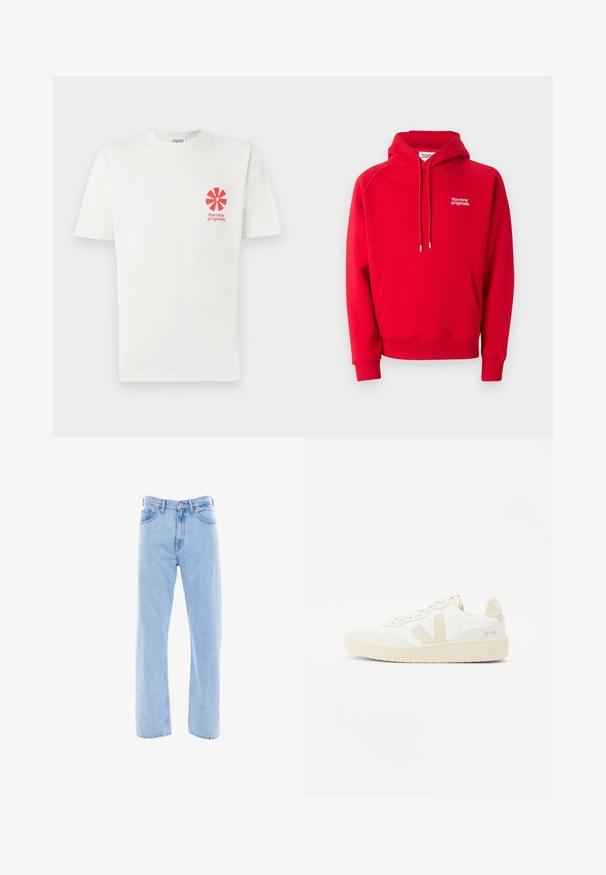 Sudadera con capucha roja, bolsillo frontal tipo canguro, cordón ajustable en la capucha y pequeño texto blanco "the new originals" en el lado izquierdo del pecho.; Camiseta de algodón blanca con un diseño gráfico de una flor roja en el lado izquierdo del pecho, con el texto "los nuevos originales" debajo. Manga corta, escote redondo.; Jeans de denim de color azul claro con corte recto, cintura alta, bolsillos frontales y detalles de costura clásica en las costuras y la cinturilla.; Zapatilla blanca con acentos beige, que presenta un upper texturizado, punta redonda y suela de goma gruesa. El diseño incluye el icónico logo V y marcas.