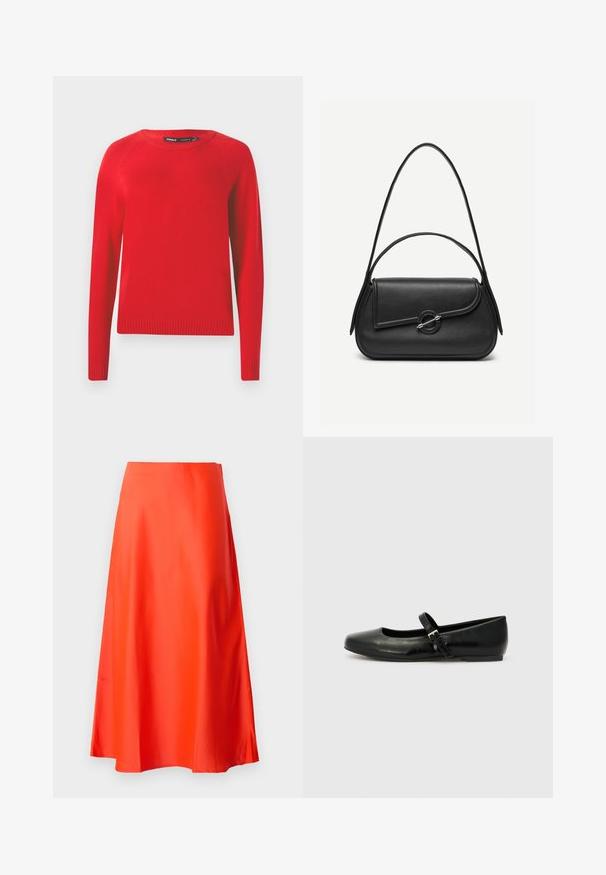 Rode trui van gladde stof, met een ronde halslijn, geribde manchetten en zoom. Eenvoudig ontwerp met lange mouwen.; Rode satijnen midi-rok met een gladde textuur, A-lijn silhouet en een subtiele flare aan de zoom. Geen zichtbare patronen of versieringen.; Zwarte leren balletschoenen met een ronde neus, een platte zool en een dunne verstelbare band over de wreef met een metalen gesp.; Zwarte leren handtas met afgeronde hoeken, asymmetrische klep, metalen ronde sluiting en zowel korte als lange schouderriemen.
