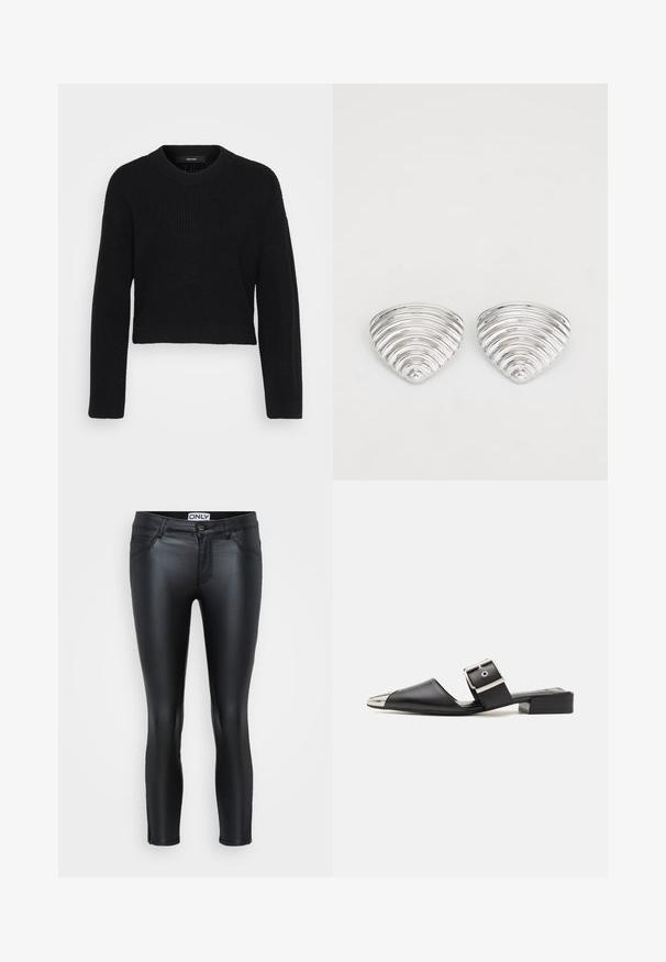 Schwarzer, kürzer geschnittener Pullover aus Strickstoff. Verfügt über einen runden Halsausschnitt, lange Ärmel und eine strukturierte Oberfläche mit eng anliegendem Saum.; Schwarze Leggings aus einem glänzenden Material, mit einer figurbetonten Passform, fünf Taschen, gestickten Details und einem Knopfverschluss vorne.; Schwarze Leder-Sandale mit spitzem Zeh, metallisch silberner Kappe und verstellbarem Schnallenriemen. Flacher Blockabsatz für zusätzlichen Halt.; Ohrringe in Silberoptik mit einem wellenförmigen, strukturierten Design, das wie überlappende Halbmonden geformt ist; die polierte Oberfläche verstärkt die reflektierenden Eigenschaften.
