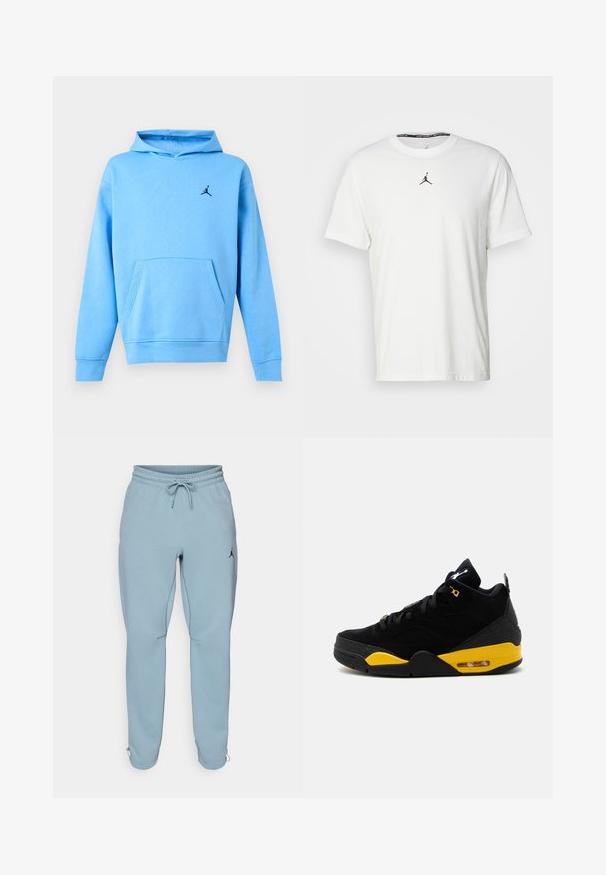Sudadera con capucha azul claro con bolsillo frontal y pequeño logo negro Jumpman en el pecho izquierdo.; Camiseta blanca de manga corta hecha de algodón, con un logo Jumpman negro en el pecho y un cuello redondo con una etiqueta interior negra.; Pantalones deportivos de un azul claro, confeccionados en una tela suave, con una waistband elástica y cordón, bolsillos laterales y un pequeño logo negro en el muslo.; Zapatilla deportiva de caña media en negro y amarillo con cierre de cordones, suela con amortiguación de aire y logotipo visible de Jumpman en la lengüeta y en la tira del talón.