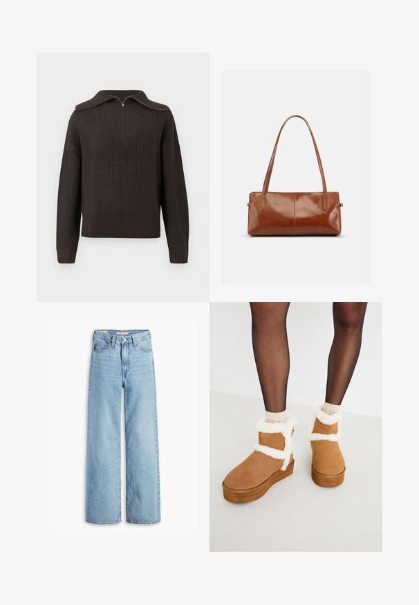 Mørkebrun strikket sweater med lange ærmer, lynlås i den brede krave samt ribbede manchetter og kant.; Højtaljede, lyseblå, vide bukser med knap og lynlås fortil, bæltestropper og fem lomme-stil.; Brune ruskindsankelhøje støvler med hvidt kunstpelskant og platformsål, der har et krydset stropdesign. Glat tekstur og rund tå.; Rektangulær brun læderhåndtaske med to lange skulderremme, glat blank finish og minimalistisk design på en ensfarvet baggrund.