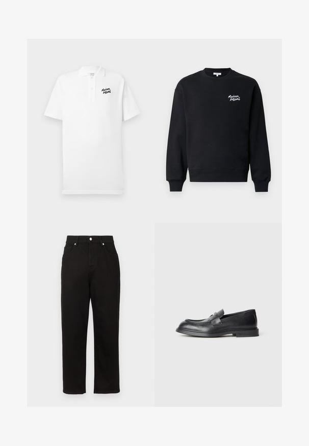 Sweat-shirt noir avec col rond, poignets et ourlet côtelés. Présente un texte brodé blanc sur la poitrine gauche. Texture lisse.; Polo blanc en coton, arborant un logo "Maison Kitsuné" brodé en noir sur la poitrine gauche. Manches courtes et col standard.; Pantalon en denim noir avec une coupe droite, présentant une taille haute, des poches frontales et des garnitures en métal argenté au niveau de la ceinture.; Mocassins en cuir noir avec une finition texturée, dotés d'une bride décorative à l'avant et d'un bout arrondi. Semelle en caoutchouc pour plus de durabilité.