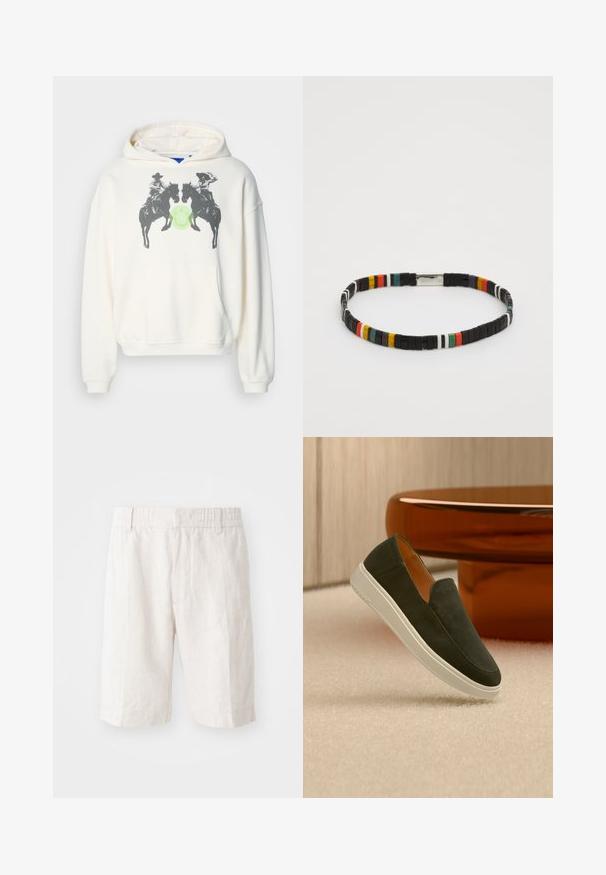 Hoodie blanc avec un graphique devant représentant deux cavaliers sur des chevaux face à face, centré sur un cercle vert. Fabriqué à partir d'un tissu à la texture douce.; Shorts en lin beige clair avec une taille élastique, poches latérales et une coupe droite. Texture lisse avec des coutures minimales visibles.; Chaussure en daim vert foncé sans lacets avec une semelle blanche, flottant au-dessus d’un sol clair recouvert de moquette et d’une table ronde orange en arrière-plan.; Bracelet en perles noires avec des accents colorés en motifs, de forme rectangulaire et dotée d'un fermoir métallique. Texture lisse avec des segments de couleurs variées.
