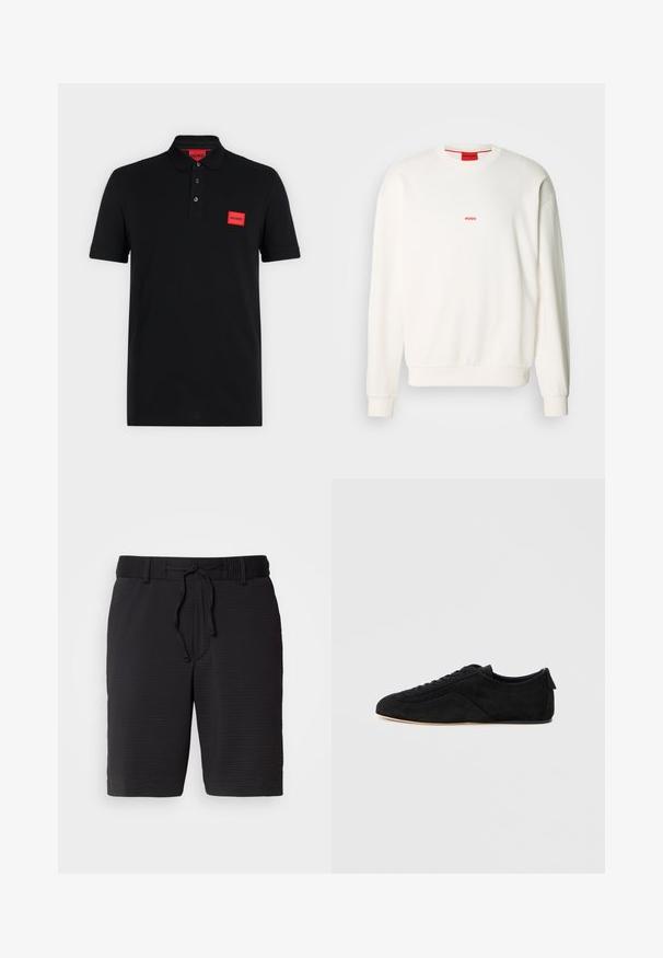 Hvid sweatshirt lavet af blødt stof, med rund hals, lange ærmer og et lille rødt "HUGO"-logo på brystet.; Sort poloshirt med korte ærmer, tre-knaps slids og rødt rektangulært Hugo-logo på venstre bryst og indersiden af kraven.; Sorte shorts med et tekstureret mønster, elastisk talje og justerbar snøre til pasform. Mellemlang længde, enkelt design uden synlige lommer.; Sort ruskind lavtop sneaker med snørelukning foran og beige sål, vist fra ydersiden på en lysegrå baggrund.