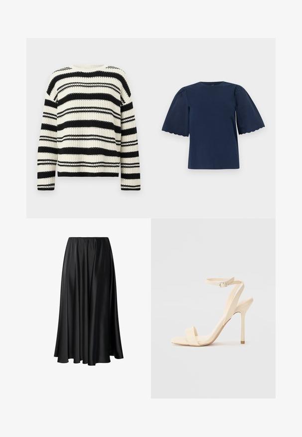 Suéter de punto a rayas horizontales en blanco y negro con mangas largas y cuello redondo.; Blusa azul marino de manga corta con mangas abullonadas y bordes con borde festoneado sobre un fondo liso.; Falda maxi negra de tejido suave, con una cinturilla elástica, silueta amplia y un dobladillo fluido sin patrones o detalles visibles.; Sandalia de tacón alto beige con una delgada correa en el tobillo y puntera cuadrada. Material sintético suave, diseño minimalista y tacón de aguja.