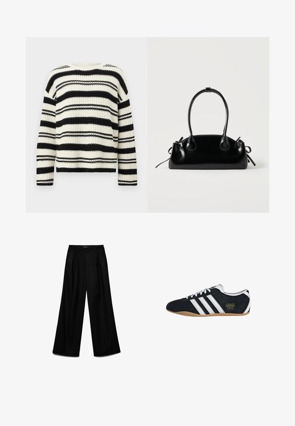 Suéter de punto a rayas horizontales en blanco y negro con mangas largas y cuello redondo.; Pantalones anchos negros con pliegues delanteros y bolsillos laterales, de talle alto con cinturilla lisa y cierre oculto.; Zapatillas de ante negro con tres franjas blancas, logotipo dorado y suela de goma marrón. Presentan un diseño de cordones de perfil bajo.; Pequeño bolso negro brillante con dos asas largas y detalles de cordón lateral sobre un fondo claro liso.