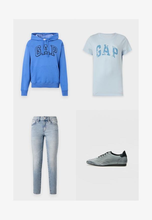 Sweat à capuche bleu avec poche avant en forme de poche kangourou et logo "GAP" en grandes lettres épaisses sur la poitrine; T-shirt bleu clair à manches courtes avec grand logo GAP bleu et motifs floraux blancs sur les lettres, présenté sur un fond uni.; Jean en denim bleu clair à coupe slim, avec un design à cinq poches, fermeture à bouton sur le devant et des décolorations subtiles le long des jambes.; Baskets en cuir gris clair au design épuré, avec des détails cousus, des lacets noirs et un accent de talon foncé. Semelle en caoutchouc.
